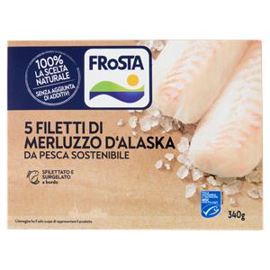 5 porzioni di Filetti di Merluzzo d'Alaska, da pesca sostenibile e certificata MSC, costituite da parti di pesce, glassate, surgelate