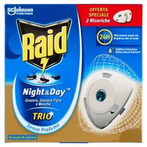 Raid Night & Day Trio, Repellente antizanzare con Sabbia Compressa 2 Ricariche