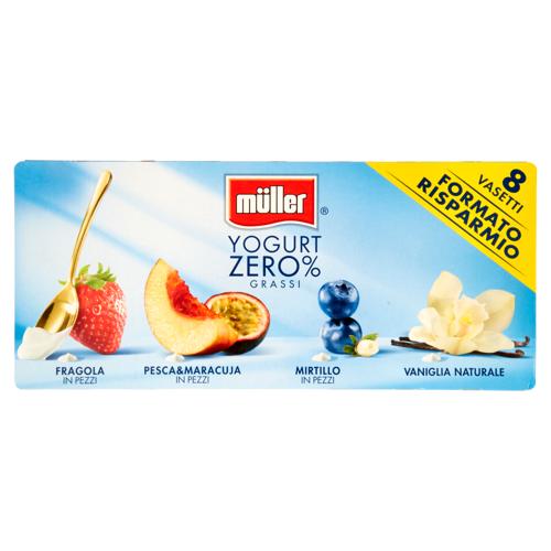 müller Yogurt Zero% Grassi Fragola, Pesca&Maracuja, Mirtillo in Pezzi - Vaniglia Naturale 8 x 125 g