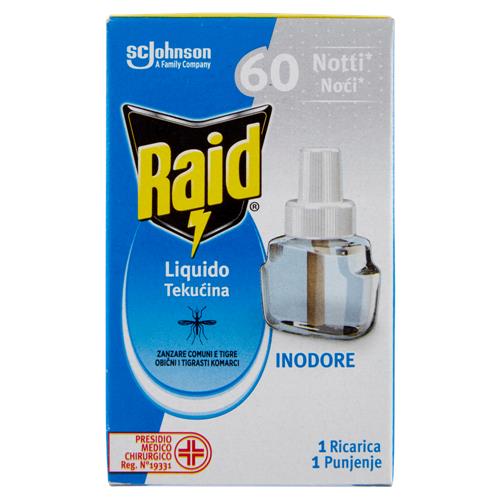 Raid Liquido Elettrico Antizanzare Comuni e Tigre, Inodore, 60 notti, Ricarica 36 ml