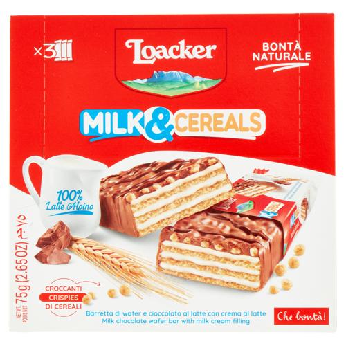 Loacker Milk & Cereals Barretta di wafer e cioccolato al latte con crema al latte 3 x 25 g