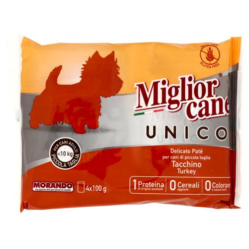 Migliorcane Unico Delicato Patè Tacchino per Cani Adulti <10 kg Piccola Taglia 4 x 100 g