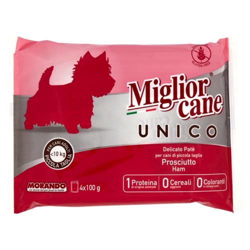 Migliorcane Unico Delicato Patè Prosciutto per Cani Adulti <10 kg Piccola Taglia 4 x 100 g