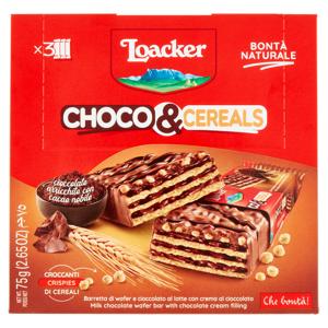 Loacker Choco & Cereals Barretta di wafer e cioccolato al latte con crema al cioccolato 3 x 25 g