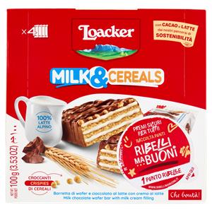 Loacker Milk & Cereals Barrette di Wafer e Cioccolato al Latte con crema al Latte 25gx4