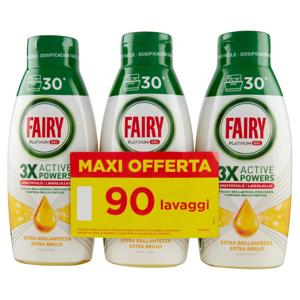 Fairy Gel Lavastoviglie Platinum Extra Brillantezza, Detersivo Piatti Limone 3x30=90 Lavaggi 3x600ml