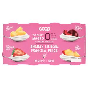Yogurt Magro 0% di Grassi 8 Yogurt Assortiti Ananas, Ciliegia, Fragola, Pesca 8 x 125 g