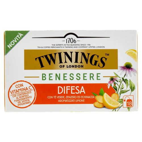 Twinings Benessere Difesa con Tè Verde, Zenzero ed Echinacea Aromatizzati Limone 18 x 2 g