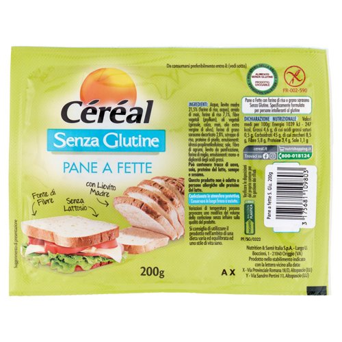 Céréal Senza Glutine Pane a Fette, Senza Lattosio, Pane Gluten Free, con Lievito Madre - 200 g