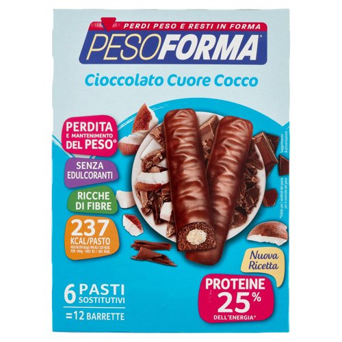 Pesoforma Cioccolato Cuore Cocco, sostitutivo del pasto ricco di fibre, 237 kcal per pasto, 12 x 31g