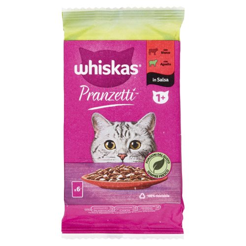 Whiskas Pranzetti Cibo Umido Gatto con Manzo e Agnello in Salsa 6 x 50 g