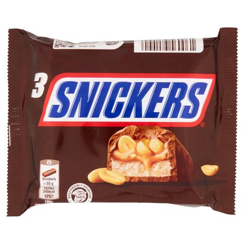 Snickers Snack al cioccolato, caramello e arachidi tostate, 3 Barrette x 50g