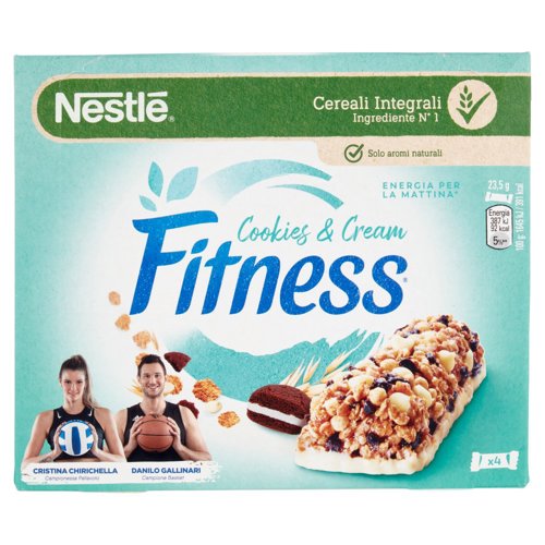 FITNESS Cookies & Cream Barrette Cereali Integrali con Biscotti e Cioccolato Bianco 4 pezzi da 23,5g