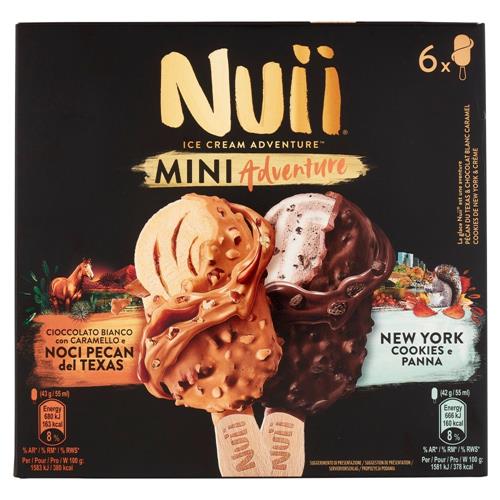 NUII Mini Adventure Cioccolato Bianco,Caramello e Noci Pecan, New York Cookies e Panna 6 Gelati 255g