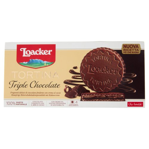 Loacker Tortina Triple Chocolate Wafer ricoperto di cioccolato fondente con crema al cacao 3 x 21 g