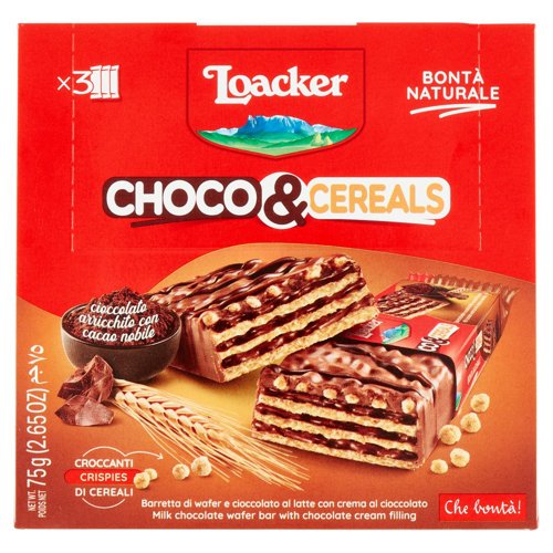 Loacker Choco & Cereals Barretta di wafer e cioccolato al latte con crema al cioccolato 3 x 25 g