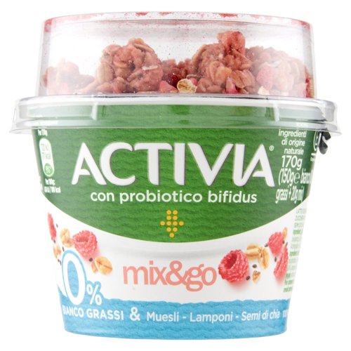 ACTIVIA Mix&Go con Probiotico Bifidus, 0% Grassi, Yogurt con Muesli, Lamponi e Semi di Chia 170g