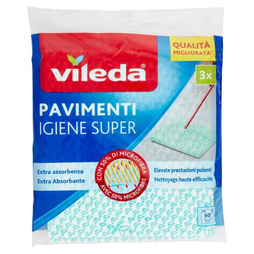 Vileda Igiene Super - panni per pulire tutti i tipi di pavimento, con 50% in microfibra, 3x 45x50 cm