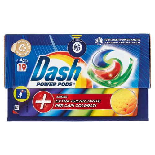 Dash Power Pods Detersivo Lavatrice Capsule, Azione Extra-Igienizzante Colorati, 19 Lavaggi 488,3 g