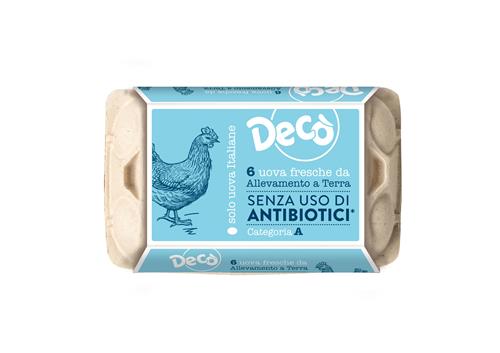 6 uova fresche da allevamento a terra Categoria A di vario calibro (peso netto minimo 330 g) da galline allevate senza l’uso di antibiotici Decò