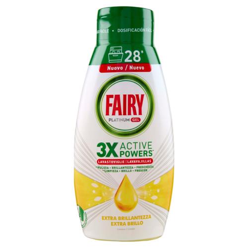 Fairy Gel Lavastoviglie Platinum Extra Brillantezza, Detersivo Piatti Limone 28 Lavaggi 504ml