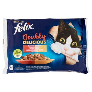 Purina Felix Le Ghiottonerie Doubly Delicious Cibo Umido per Gatti con Manzo e Pollame, Tacchino e Fegato 4x85 g