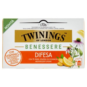 Twinings Benessere Difesa con Tè Verde, Zenzero ed Echinacea Aromatizzati Limone 18 x 2 g