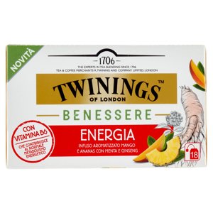 Twinings Benessere Energia Infuso Aromatizzato Mango e Ananas con Menta e Ginseng 18 x 1,5 g