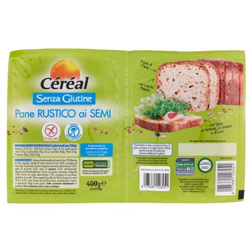 Céréal Senza Glutine Pane Rustico ai semi, Pan Bauletto senza Olio di Palma - 2 per 200g