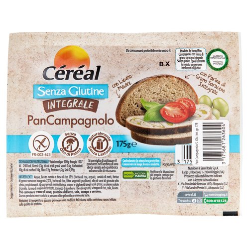 Céréal senza Glutine Integrale, Pan Campagnolo senza lattosio, Pane a fette - 175g