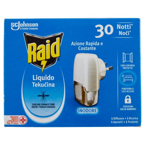 Raid Liquido Elettrico Antizanzare Contro Zanzare, 30 Notti, 1 Base e 1 Ricarica 21 ml