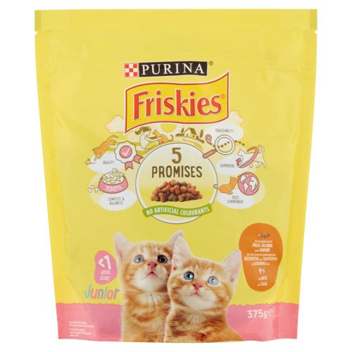 PURINA FRISKIES Gatto Junior Con un gustoso mix di Pollo e Tacchino, con Latte e con Verdure 375 g