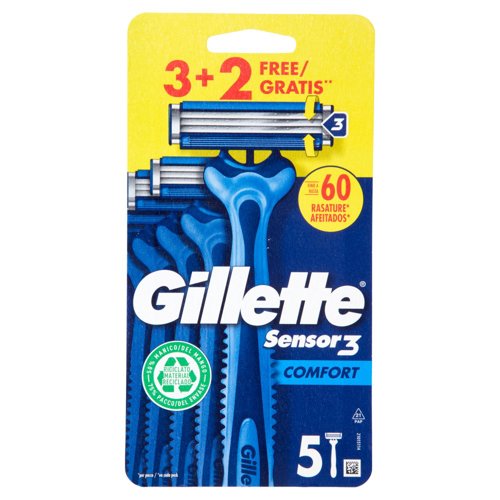 Gillette Sensor 3 Comfort Rasoio da Uomo Usa e Getta, 3 Rasoi + 2 Gratis