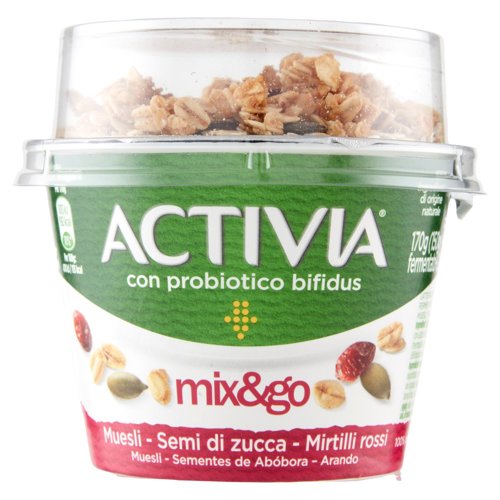 ACTIVIA Mix&Go con Probiotico Bifidus, Yogurt con Muesli, Semi di Zucca e Mirtilli rossi, 170g