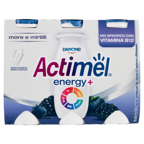 Actimel Energy+ yogurt da bere arricchito con zinco, calcio, vitamine, gusto more e mirtilli 6x100ml