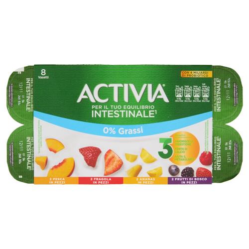 ACTIVIA Yogurt con Probiotico Bifidus, 0% Grassi, mix di gusti Pesca/Frag/Ananas/Frutti Bosco 8x125g