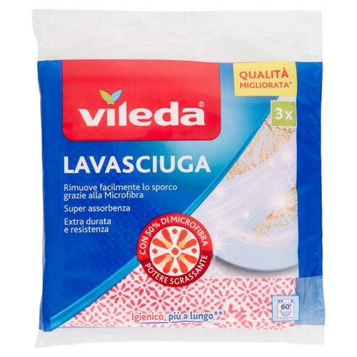 Vileda Lavasciuga - panni multiuso per piatti e stoviglie, con 50% in microfibra, 3x 34x34 cm