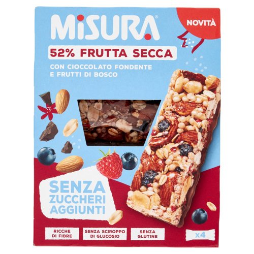 Misura 52% Frutta Secca con Cioccolato Fondente e Frutti di Bosco Senza Zuccheri Aggiunti 4 x 30 g