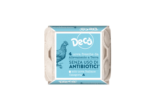 4 uova fresche da allevamento a terra Categoria A di vario calibro (peso netto minimo 220 g) da galline allevate senza l’uso di antibiotici Decò