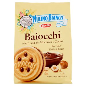 Mulino Bianco Baiocchi Biscotti Snack Farciti con Crema alla Nocciola e Cacao 260g