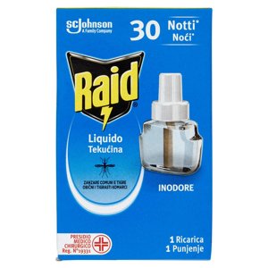 Raid Liquido Elettrico Antizanzare Comuni e Tigre, Ricarica, Inodore, 30 Notti, 21 ml