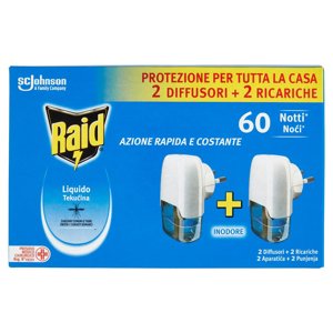 Raid Liquido Elettrico Antizanzare, Inodore, 60 Notti, 2 Diffusori e 2 Ricariche