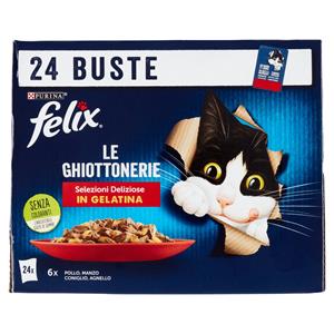 FELIX Le Ghiottonerie Selezioni Deliziose in Gelatina (Pollo, Manzo, Coniglio, Agnello) 24 x 85 g