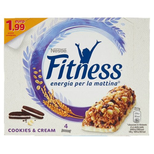 FITNESS Cookies&Cream Barrette di Cereali con Biscotti al Cacao e Cioccolato Bianco 4 pezzi da 23,5g