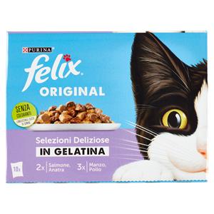 Purina Felix Original Cibo Umido per Gatti in gelatina con Salmone e Anatra, Manzo e Pollo 10x85 g