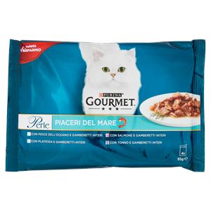 Purina Gourmet Perle Piaceri del Mare Umido Gatti con Pesce, Platessa, Salmone, Tonno e Gamberetti Interi 4x85g