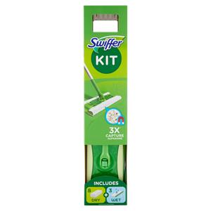 Swiffer Starter Kit Preassemblato-Scopa con 1Manico+8Panni Catturapolvere+3Panni Umidi Lavapavimenti