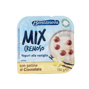Yogurt mix bicomparto vaniglia con palline ciocc latte, cocco con palline ciocc fondente 150 gr-vaniglia con palline cioc. latte