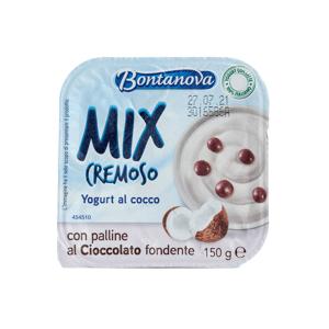 Yogurt mix bicomparto vaniglia con palline ciocc latte, cocco con palline ciocc fondente 150 gr-cocco con palline cioc. fondente