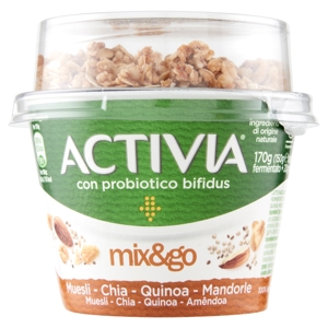 ACTIVIA Mix&Go con Probiotico Bifidus, Yogurt con Mandorle, Muesli, Chia e Quinoa 170g